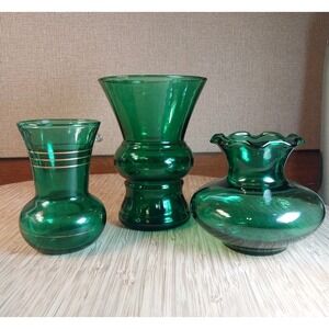 Lot 3 Vtg Anchor Hocking Forest Emerald Green Vases  5,4 & 3.5" tall MCM Kitsch